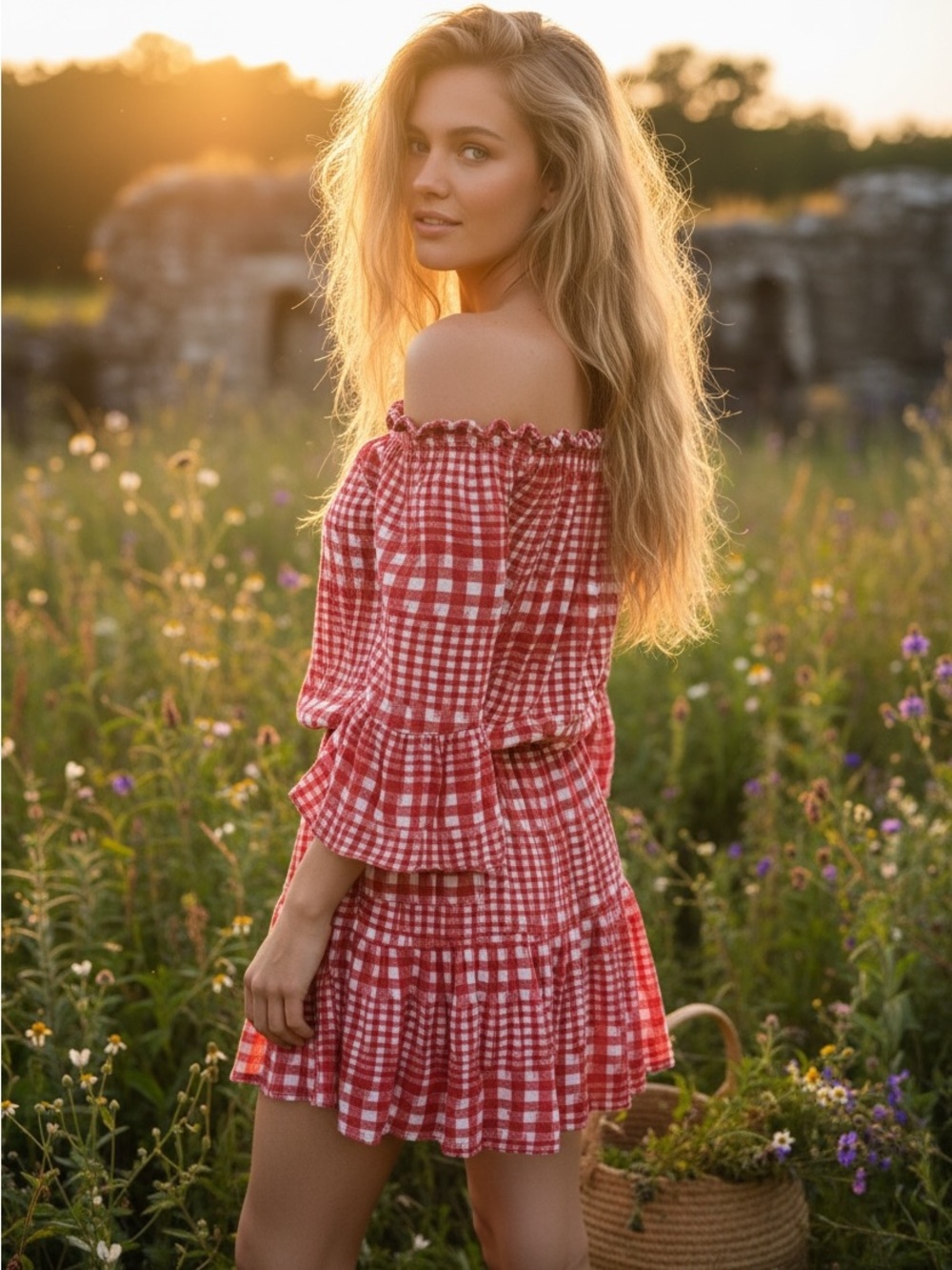 ASOS Red Gingham Off Shoulder Peasant Dress Cottagecore Country Boho Prairie